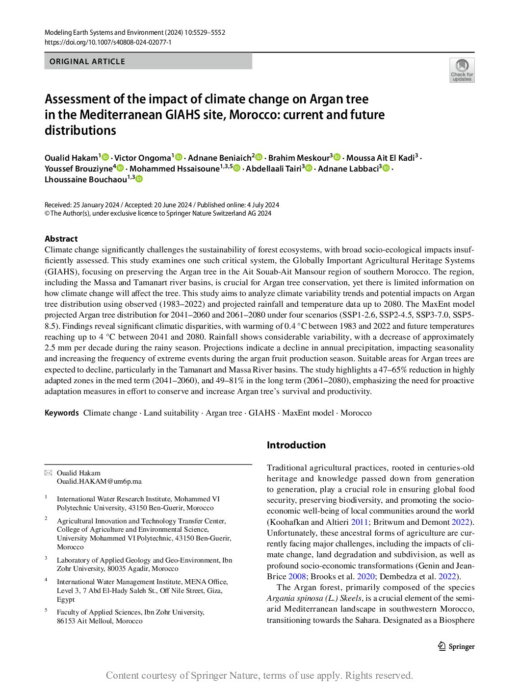 Assessment of the impact of climate change on Argan tree in the Mediterranean GIAHS site, Morocco: current and future distributions